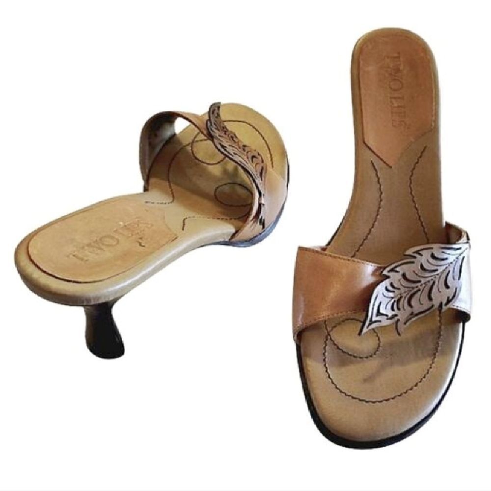 Two‎ Lips Beige Leaf Leather Cutouts 3" Heels Mule Sandals Size 8.5